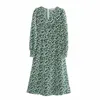 Frankrike grönt tryck vestido vintage split lång klänning mode långärmad kvinna midi klänning avslappnad droppe höst vinter 210415