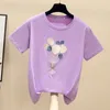 Wwenn korte mouw katoen meisje tee shirt femme koreaanse zomer t vrouwen tops applique witte t kleding paars blauw 210507