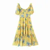 Ruffle Puff Sleeve Floral Print Dress for Women Vintage Summer Maxi Long Yellow Boho A-line Beach Hooliday 210427