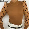 BeAvant Patchwork Polka Dot Chemisier tricoté Femmes Élégant Automne Hiver Femme Tops Chemise Party Club Slim Puff Manches Dames Tops 210709