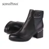 Sophitina Moda Tasarım Çizmeler Yüksek Kaliteli İnek Deri Rahat Kare Topuk Katı Yuvarlak Ayak Ayakkabı El Yapımı Ayak Bileği Çizmeler PC457 210513