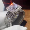 Unika lyx smycken 925 Sterling SilverGold Fill Princess Cut Big 5A CZ Party Promise Women Wedding Band Ring Gift