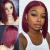 Burgundy Färg Korta Straight Bob Paryk Syntetisk Lace Front Wig Simulering Human Hair Pre Plocked För Black Women