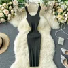 Kvinnor Pencil Dress Tank Sleeve Square Collar Bodycon Sexig Vestidos KPOP Vintage OL Elastiska stickade kvinnliga sommarklänningar 2020 G1214