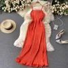 Women's Dress Solid Spaghtti Strap Sleeveless Summer Long Boho Style Holidays Pleated Maxi for Party Robe 210603