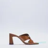 Sandalet kadın yüksek topuk yaz ayakkabı kare kahverengi kalın deri 3066
