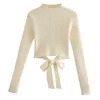 TRAF Omen High Neck Sexig Kort Sweater Mode Split Design Halter Belt Decoration Långärmad tröja Streetwear 210918