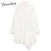 Yitimuceng асимметричная кнопка платья женщин белый весенний квадратный воротник однобортный с длинным рукавом высокий талию офис леди 210601