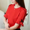 Mode Chiffon Woman's Shirt Bow Short Flare Sleeve Sweet Dameskleding Blauw O-hals Zomer Womens Tops D621 30 210508