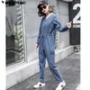 Sexig denim Jumpsuit Women Romper långärmad bälte Elegant vinterhöst jeans kvinnliga streetwear overaller 210608