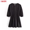 Summer Women Black Tunic Lace Pathcwork Puff Short Sleeve Ladies Mini Dress Vestidos 3H251 210416