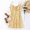 Sommar gul blommig tryck backless klänning semester kvinna justera spaghetti band klänningar strand sling vestidos 210429