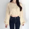 Casual Knit Pullover Camisola Mulheres Outono Inverno Sólido Manga Longa Off Ombro Puxe Jumper Curto Ladies Coreano Crop Top 210514