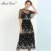 Mode designer jurk zomer damesjurk korte mouw mesh bloemen borduurwerk slanke elegante vakantie zwarte jurken 210524