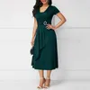 Plus Size Kobiety Krótki Rękaw V Neck Asymetryczny Hem Talii Tight Midi Party Dress Vintage Eleganckie Dresses Casual