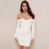 Hiver Femmes Blanc Hors Épaule À Manches Longues Moulante Robe De Bandage Sexy Drapé Mini Celebrity Robes De Soirée 210423