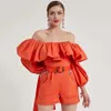 Women's Orange Ruffle Jumpsuit Casual Sexy Top Halter Long Sleeve Summer Ladies' Short 210527