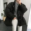 Korea Women Winter Thick Solid Cotton Parka Drawstring Slim Waist Overcoat Oversize Coat Jacket Zipper Outerwear with Pocket Pants 42