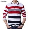 Tfetters Herfst Casual Mannen T-shirt Wit en Rood Streep Patroon Fitness Lange Mouwen Turn-down Collar Katoen Tops Kleding 210629