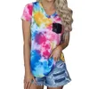 Casual T-shirt Women Summer Tie-Dye Print Sequined Pocket Decor V Neck Short Sleeve T-Shirts Elegant Streetwear Loose Tops Femme 210507