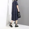 Neue Frau Sommer Solide Blau Elegante Stil Hemd Kleid A-Line Cascading Rüschen Büro Damen Casual Midi Kleid Robe Femme 3375 210331