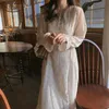 V-Neck Chiffon Dresses Elegant Elastic Waist Women Dress Loose Print Floral Autumn High Lady Clothing with Button 10255 210527