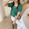 Patchwork Lace Hook Blommor Elegans Slim Femme Chic Square Collar Gentle Skjortor Retro Loose Blouse Blusas 210525