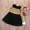 Kids Girls Children gold Sleeveless Sequins o-neck Bow Wedding Princess Party mesh black Dress 2-7T Q0716