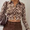 Brązowy Kwiatowy Z Długim Rękawem Cardigan Kobiet Koszula Wiosna Moda Bluzki Vintage Turn Down Collar Slim Crop Tops Kobieta 210415