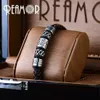 REAMOR Trendy Men Pulseira de Couro Preto 316l Aço Inoxidável Viking Bead Pulseiras com Fecho de Ímã Forte 17-21cm 210918