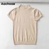 Lässige solide gestrickte T -Shirt Frauen Kurzschläfe weich