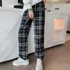 Kostki Spodnie Banded Kobiety Szeroko Leg Plaid Ladies High Paist Luźne Purpurowe Przyczynowe Harajuku 2021 Wiosna Letni Streetwear Spodnie Q0801