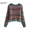 Zevity Women Vintage Square Collar Contrast Färgblomma Tryck Knitting Sweater Kvinna Långärmad Chic Cardigans Coat Tops S540 210918