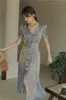 Светоотражающая рукава длинного MIDI платье женщин v шеи туника асимметричная кнопка короткими потоками дамы лето 210427