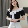 Summer Short Sleeve Women Shirts Office Lady Solid Chiffon Blouse and Tops V Neck Lace Up Female Clothing 14202 210508