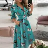 2021 Fashion Deep V-Neck Long Drelegant Kvinnor Polka Dot Letter Långärmad Drsexy Lace-up Belt Print Party Drvestido X0529