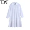 TRAF Women Chic Fashion With Buttons Pleated Hem White Mini Dress Vintage Three Quarter Sleeve Female Dresses Vestidos 210415