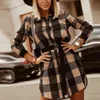 2022 Primavera Manica Lunga Office Party Dress Autunno Monopetto Bottone Fessura Mini Vestito Delle Donne Primavera Plaid Stampa Camicia Abiti Y1204