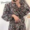 Yitimucengヴィンテージ花柄プリントドレス女性ルーズファッションハイウエストボハロングドレスパフスリーブホワイトブルーブラックスプリング210601