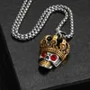 Alta Qualidade Punk Crown Diamond Skull Pingentes Hip Hop Vermelho Olho de Aço Inoxidável Colar Pingente Jóias Homens com Ruby CZ Stone