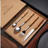 Stainless steel cutlery set wooden handle gift box spoon knife fork box flatware wood reusable healthy picnic travel portable dinner