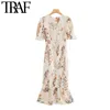 TRAF Women Chic Fashion Floral Print Ruffled Sheath Midi Dress Vintage Short Sleeve Back Zipper Female Dresses Vestidos 210415