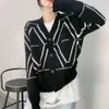 Spring and Autumn Korean Fashion Loose Short Knit Cardigan Jacquard Diamond Check Sweater Jacket Women Casual 210427