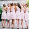 Pink Lace Bridesmaid Dresses Short A Line Above Knee Length Custom Made Plus Size Sash Scoop Neck Sleeveless Country Maid Of Honor Gown Vestidos