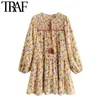 TRAF Women Fashion With Tassel Floral Print Mini Dress Vintage Long Sleeve Smocked Elastic Female Dresses Vestidos 210415