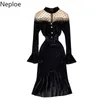 Neploe Midi Woman Dress Korean Patchwork Gaze Vintage Velvet Vestidos Se genom spets Vintgae Elegant Party Dresses Women 210422