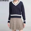 Woman shirt blouses top Autumn Women's Cashmere Sweater Fashion Color Matching V-Neck Wool Knit Pullover Sweater Soft Shirt 210510