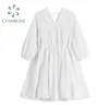 White Midi Dress Mulheres Verão Cintura Alta Cintura Lace-Up Vintage Vestidos Fada Dos Vestidos Femininos Feminino Coreano V Neck Mori Menina Solta Soltos 210417