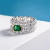 Emerald Diamond Promise Halkası% 100 Gerçek 925 STERLING Gümüş Nişan Düğün Bandı Halkalar Kadın Mahkeme Partisi Takı