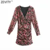 Zevity Women Vintage V Neck Floral Print Striped Pleated Mini Dress Female Pleat Puff Sleeve Casual Slim Vestido DS5030 210603